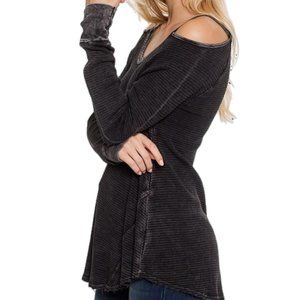 American ABLE Waffle Knit Cold Shoulder Long Sleeve Thermal In Denim Blue Size S